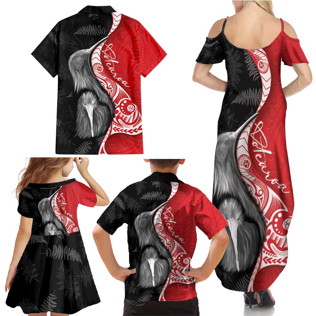 New Zealand Aotearoa Family Matching Summer Maxi Dress and Hawaiian Shirt Kiwi Fern Maori Pattern Red Version