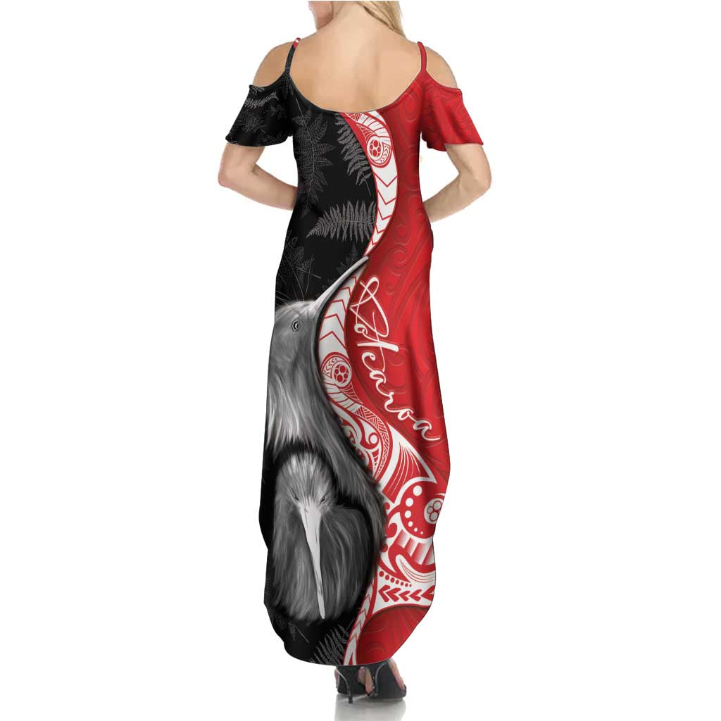 New Zealand Aotearoa Family Matching Summer Maxi Dress and Hawaiian Shirt Kiwi Fern Maori Pattern Red Version