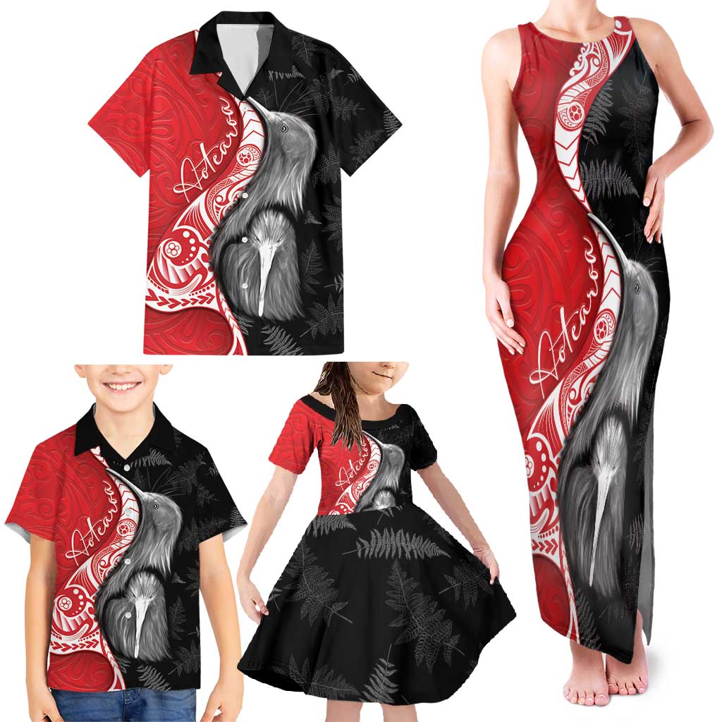 New Zealand Aotearoa Family Matching Tank Maxi Dress and Hawaiian Shirt Kiwi Fern Maori Pattern Red Version