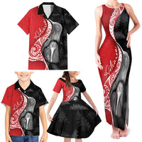 New Zealand Aotearoa Family Matching Tank Maxi Dress and Hawaiian Shirt Kiwi Fern Maori Pattern Red Version