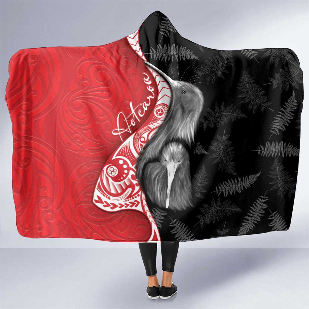 New Zealand Aotearoa Hooded Blanket Kiwi Fern Maori Pattern Red Version