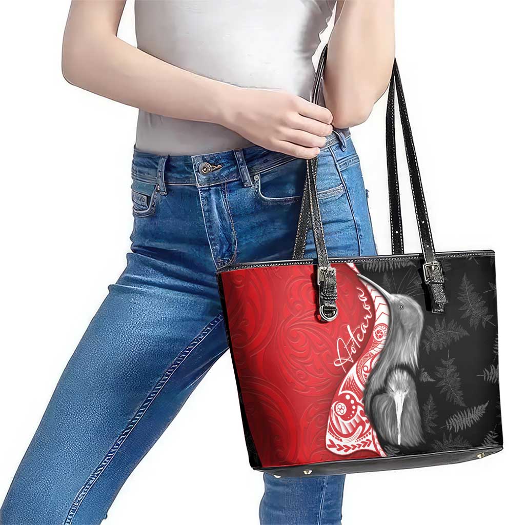 New Zealand Aotearoa Leather Tote Bag Kiwi Fern Maori Pattern Red Version