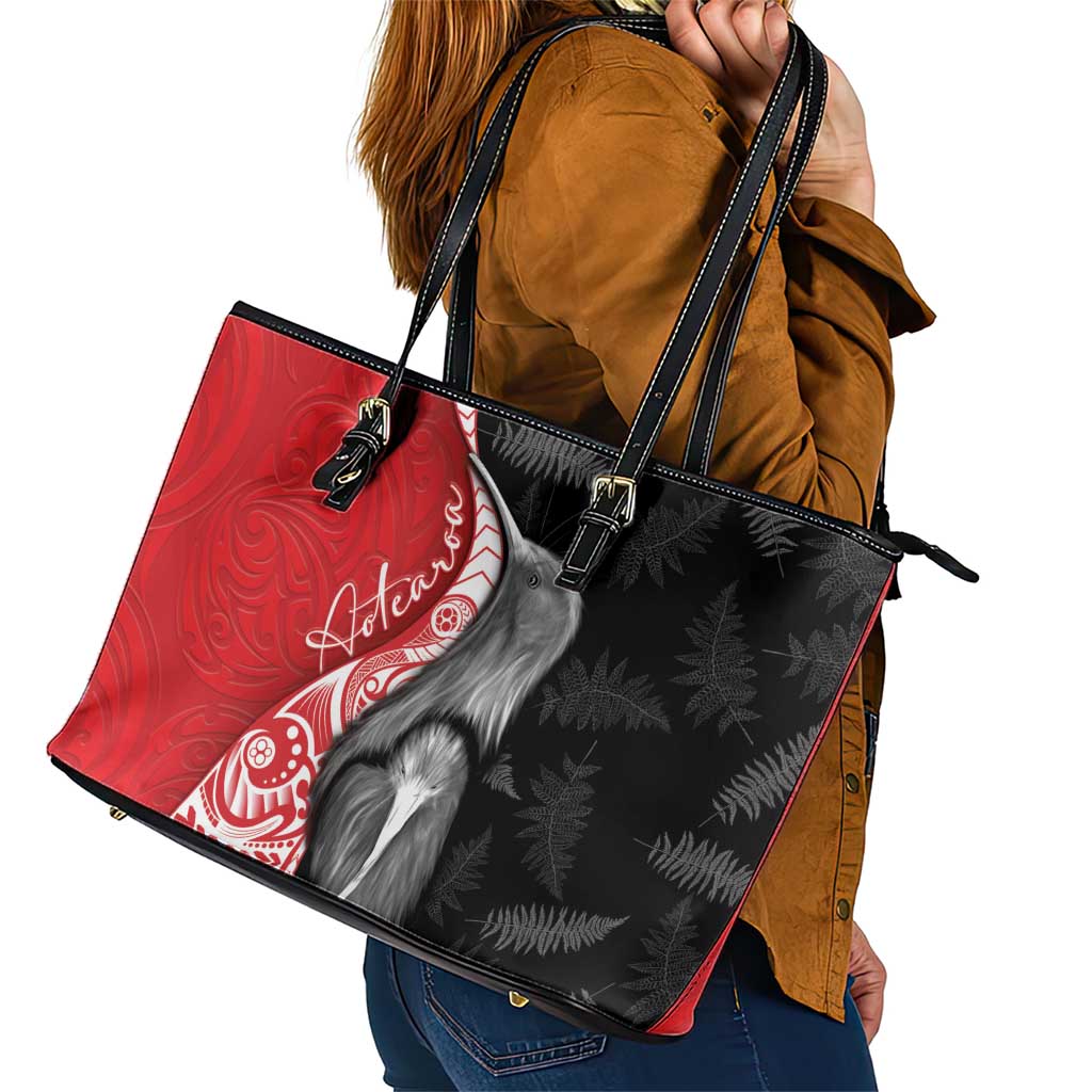 New Zealand Aotearoa Leather Tote Bag Kiwi Fern Maori Pattern Red Version