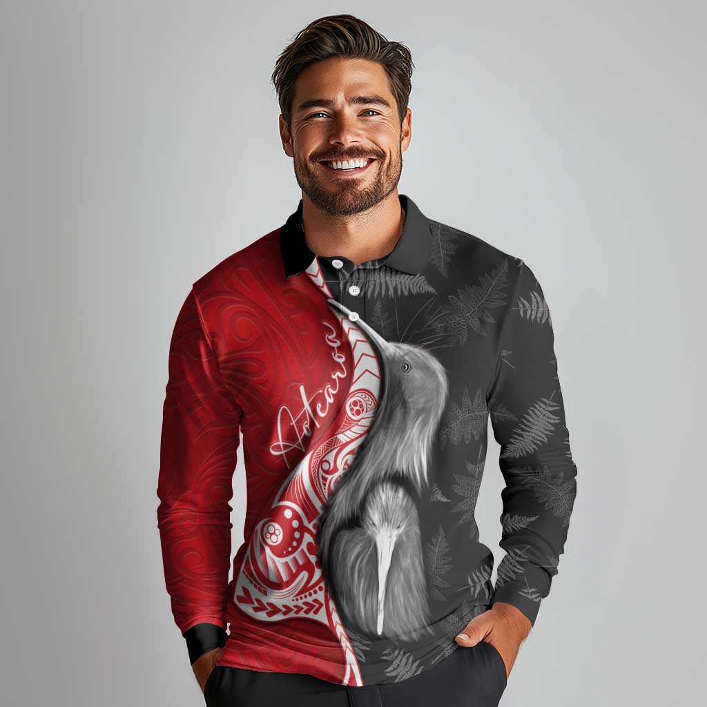 New Zealand Aotearoa Long Sleeve Polo Shirt Kiwi Fern Maori Pattern Red Version