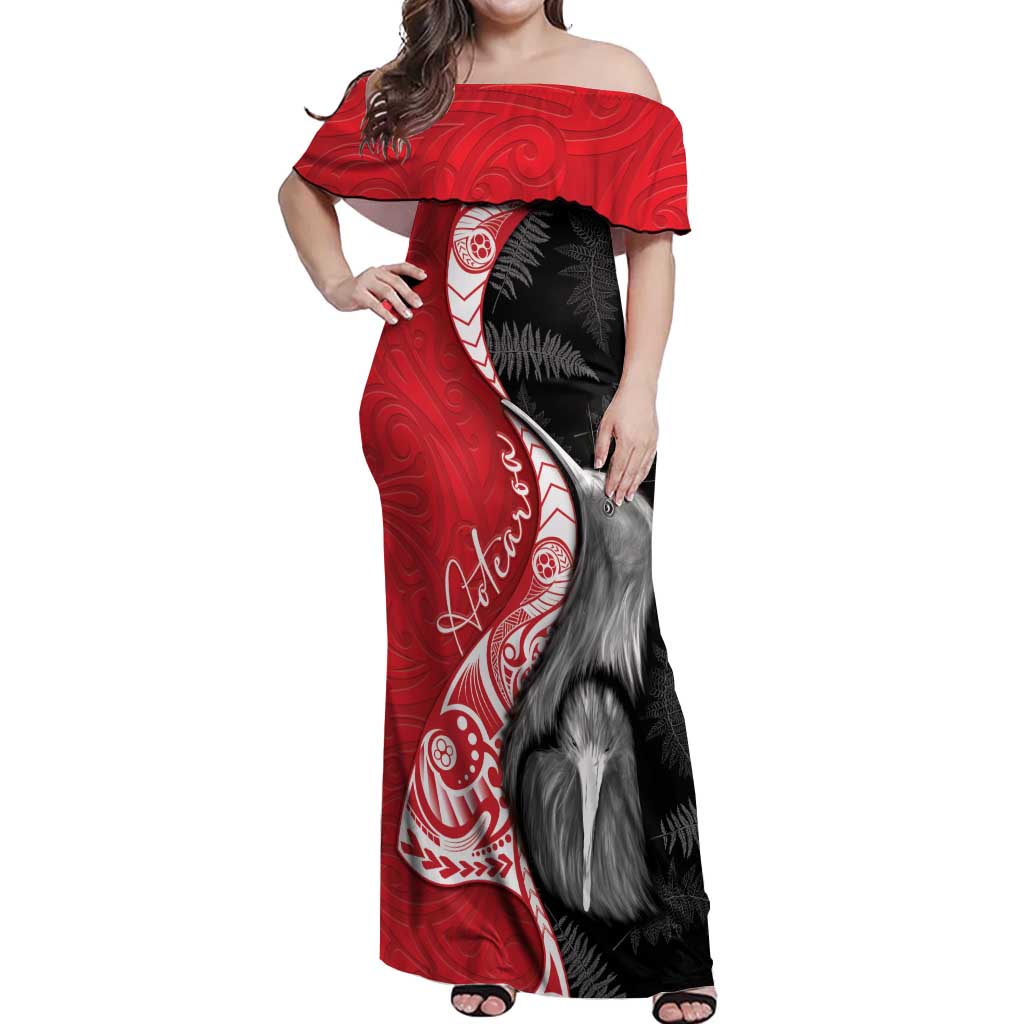 New Zealand Aotearoa Off Shoulder Maxi Dress Kiwi Fern Maori Pattern Red Version