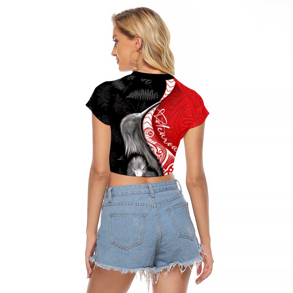 New Zealand Aotearoa Raglan Cropped T Shirt Kiwi Fern Maori Pattern Red Version