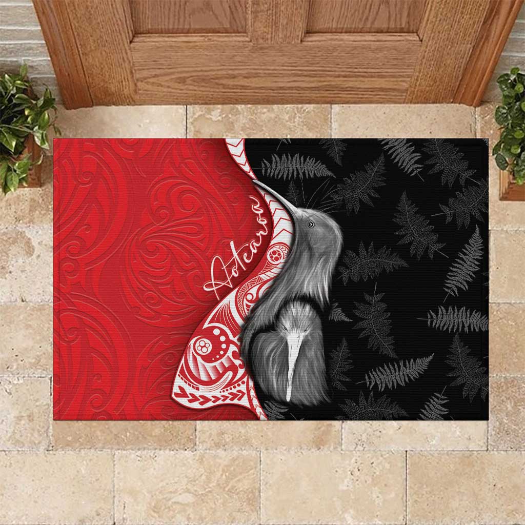 New Zealand Aotearoa Rubber Doormat Kiwi Fern Maori Pattern Red Version