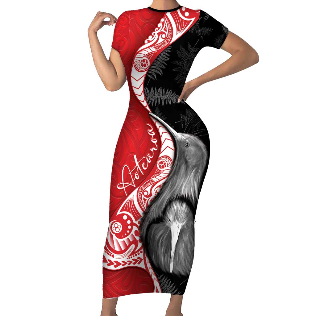 New Zealand Aotearoa Short Sleeve Bodycon Dress Kiwi Fern Maori Pattern Red Version