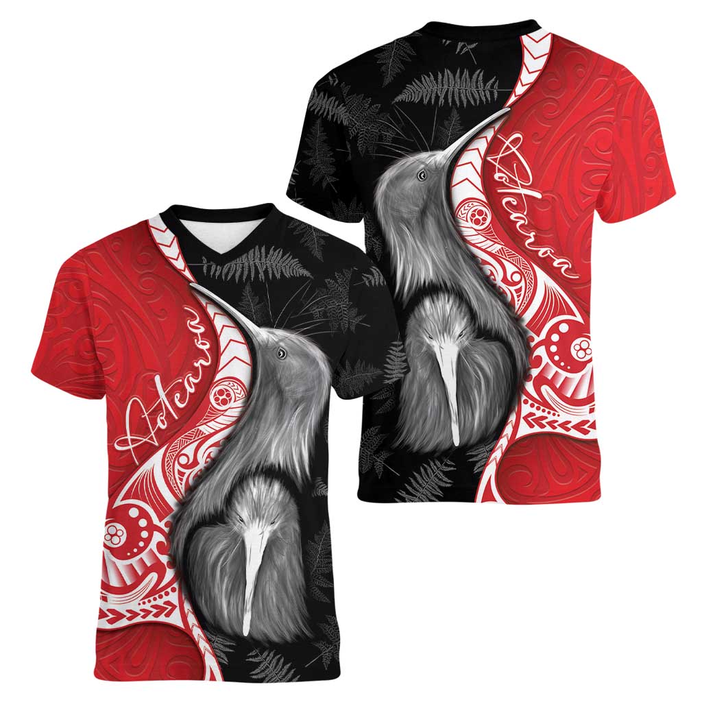 New Zealand Aotearoa Women V-Neck T-Shirt Kiwi Fern Maori Pattern Red Version