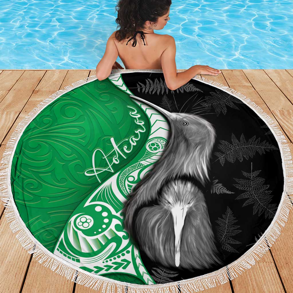 New Zealand Aotearoa Beach Blanket Kiwi Fern Maori Pattern Green Version