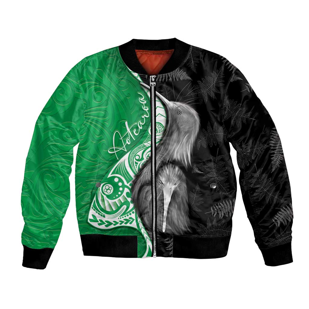 New Zealand Aotearoa Bomber Jacket Kiwi Fern Maori Pattern Green Version