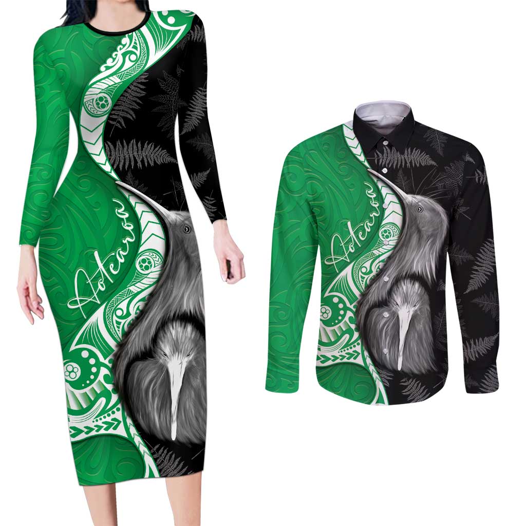 New Zealand Aotearoa Couples Matching Long Sleeve Bodycon Dress and Long Sleeve Button Shirt Kiwi Fern Maori Pattern Green Version