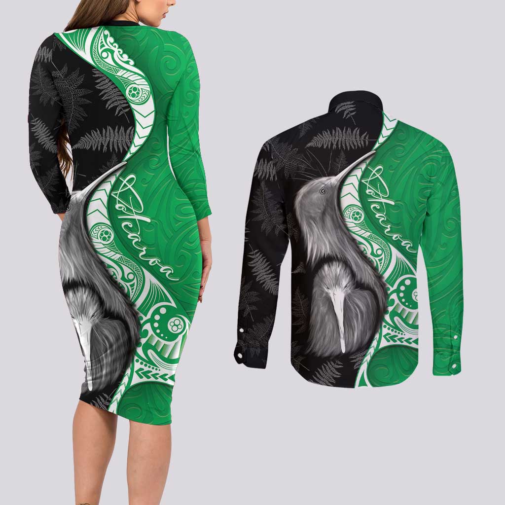 New Zealand Aotearoa Couples Matching Long Sleeve Bodycon Dress and Long Sleeve Button Shirt Kiwi Fern Maori Pattern Green Version