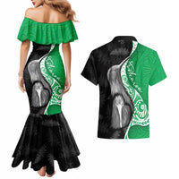 New Zealand Aotearoa Couples Matching Mermaid Dress and Hawaiian Shirt Kiwi Fern Maori Pattern Green Version