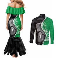 New Zealand Aotearoa Couples Matching Mermaid Dress and Long Sleeve Button Shirt Kiwi Fern Maori Pattern Green Version