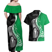 New Zealand Aotearoa Couples Matching Off Shoulder Maxi Dress and Hawaiian Shirt Kiwi Fern Maori Pattern Green Version