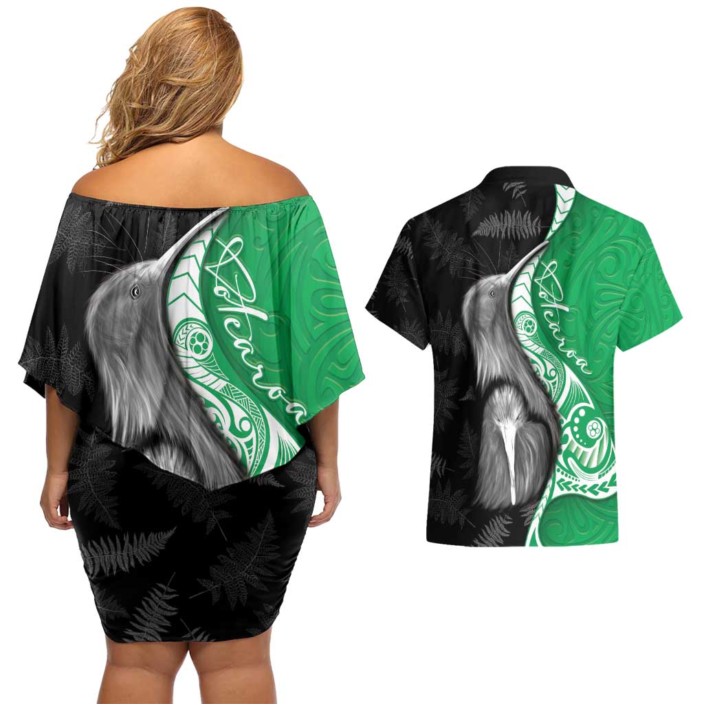 New Zealand Aotearoa Couples Matching Off Shoulder Short Dress and Hawaiian Shirt Kiwi Fern Maori Pattern Green Version