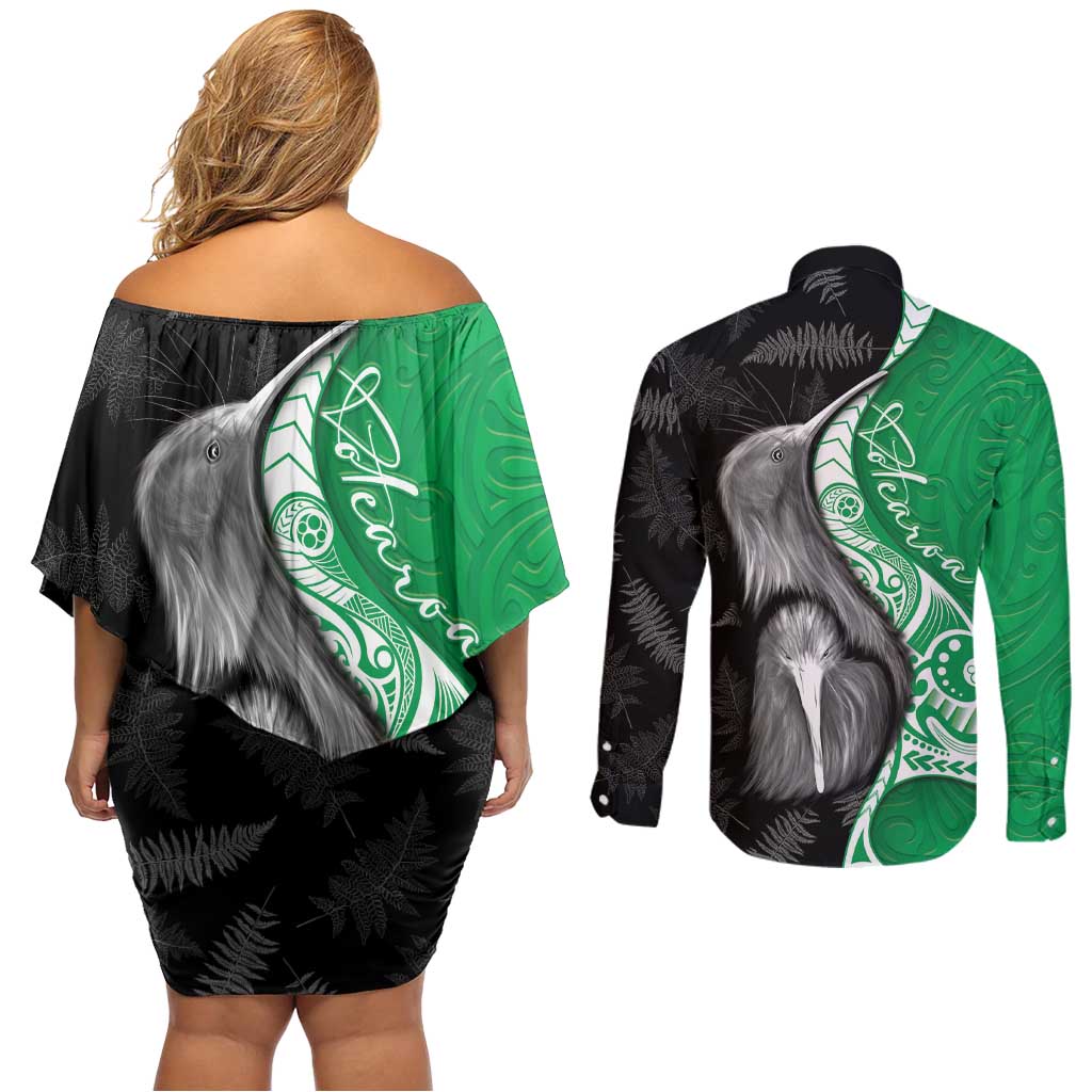 New Zealand Aotearoa Couples Matching Off Shoulder Short Dress and Long Sleeve Button Shirt Kiwi Fern Maori Pattern Green Version