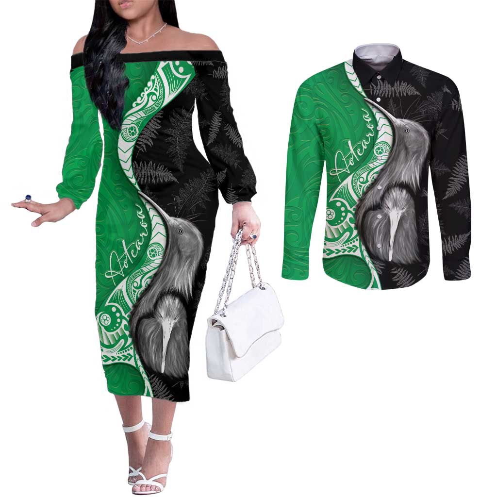 New Zealand Aotearoa Couples Matching Off The Shoulder Long Sleeve Dress and Long Sleeve Button Shirt Kiwi Fern Maori Pattern Green Version