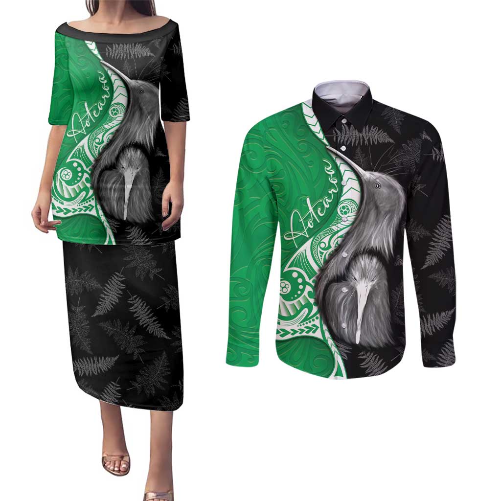 New Zealand Aotearoa Couples Matching Puletasi and Long Sleeve Button Shirt Kiwi Fern Maori Pattern Green Version
