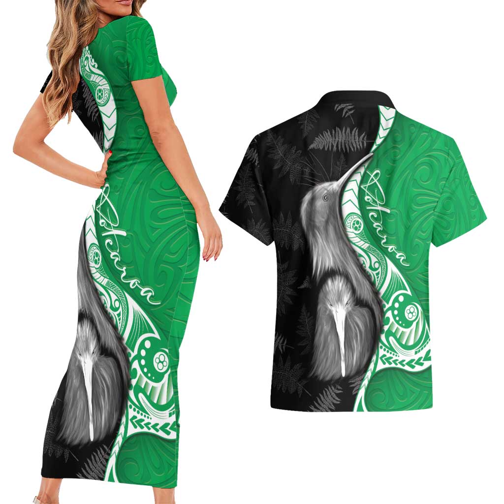 New Zealand Aotearoa Couples Matching Short Sleeve Bodycon Dress and Hawaiian Shirt Kiwi Fern Maori Pattern Green Version
