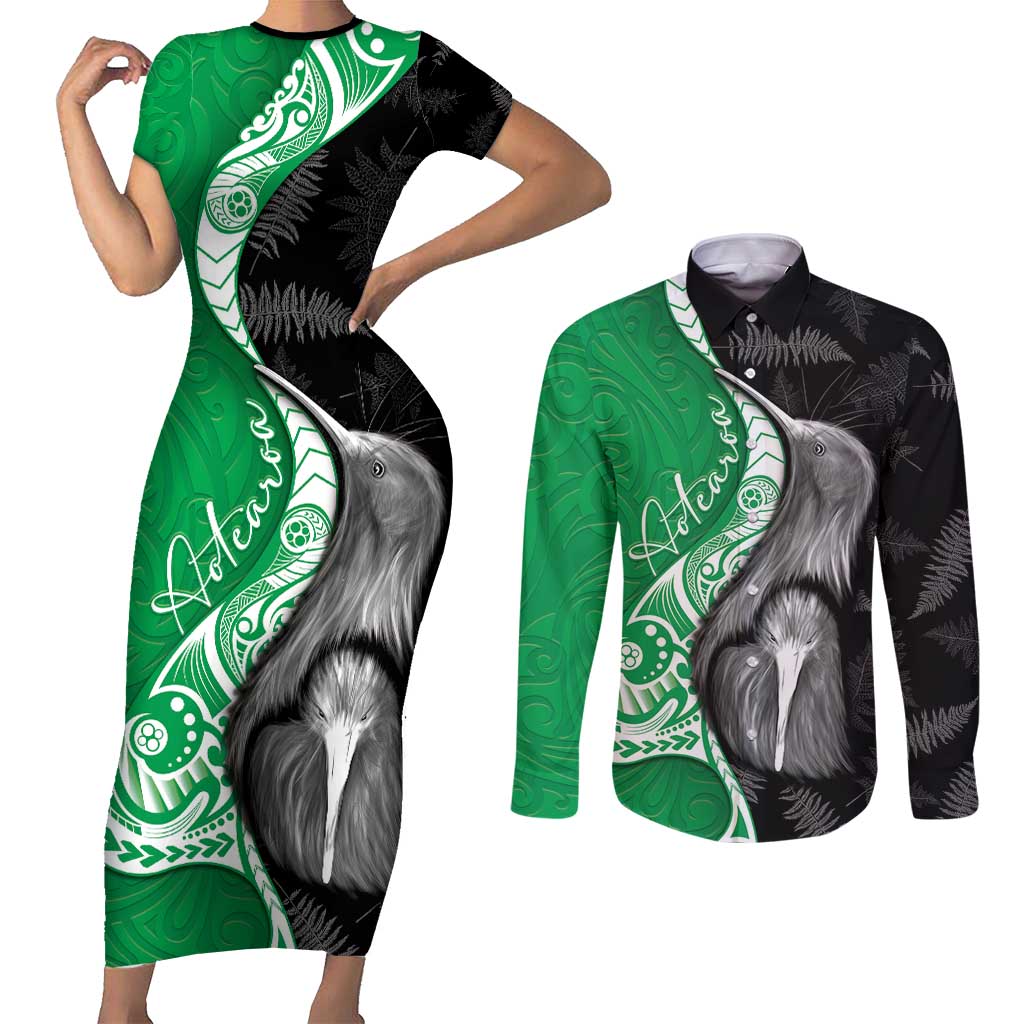 New Zealand Aotearoa Couples Matching Short Sleeve Bodycon Dress and Long Sleeve Button Shirt Kiwi Fern Maori Pattern Green Version