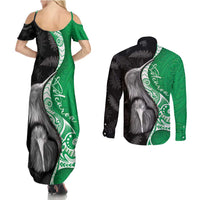 New Zealand Aotearoa Couples Matching Summer Maxi Dress and Long Sleeve Button Shirt Kiwi Fern Maori Pattern Green Version