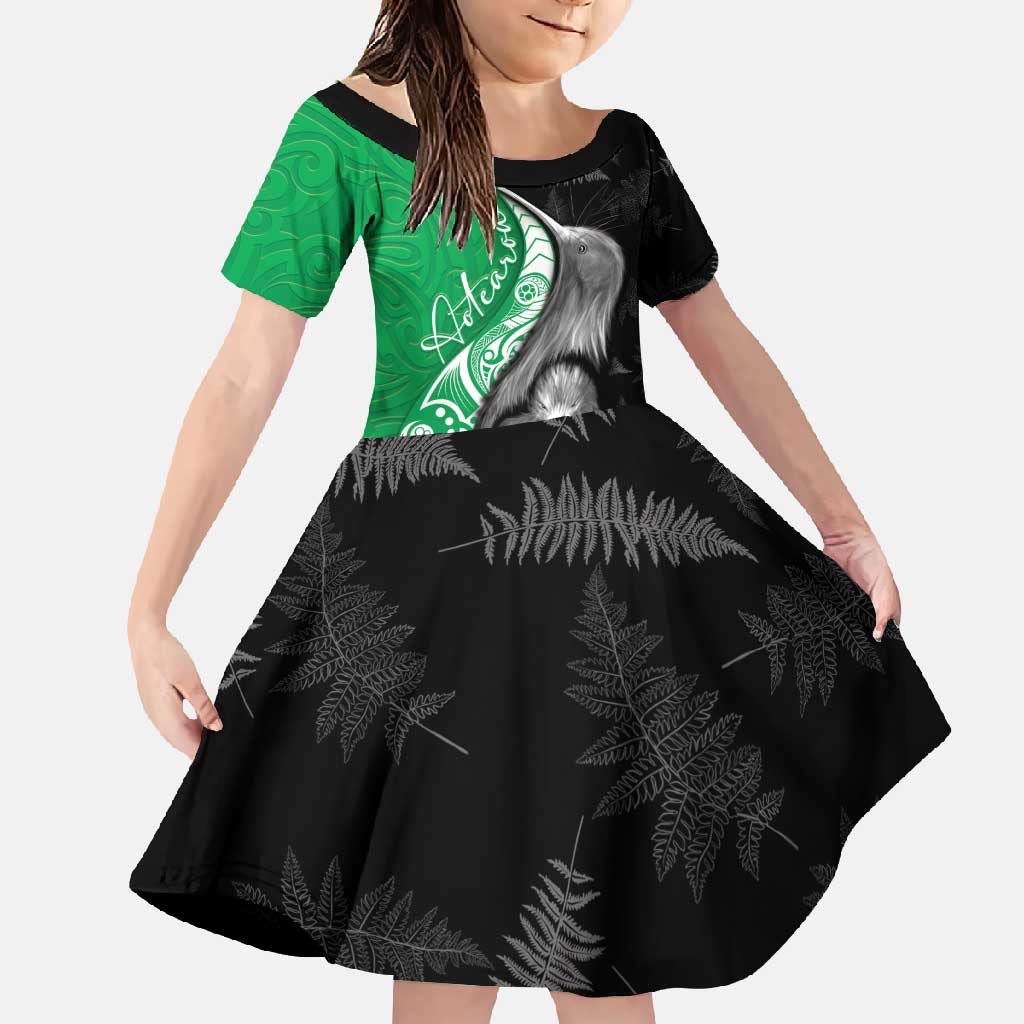 New Zealand Aotearoa Family Matching Long Sleeve Bodycon Dress and Hawaiian Shirt Kiwi Fern Maori Pattern Green Version