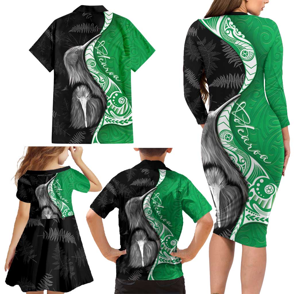 New Zealand Aotearoa Family Matching Long Sleeve Bodycon Dress and Hawaiian Shirt Kiwi Fern Maori Pattern Green Version