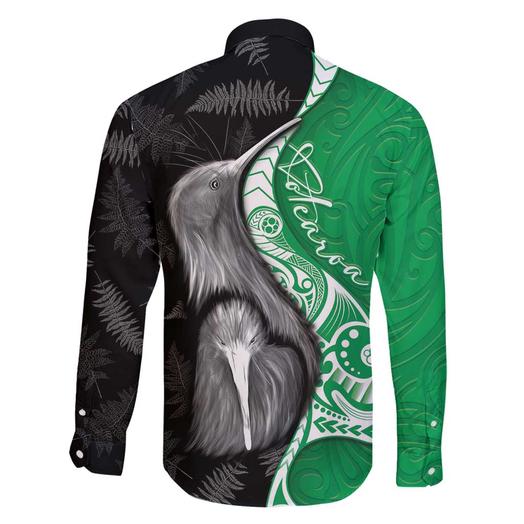 New Zealand Aotearoa Family Matching Long Sleeve Bodycon Dress and Hawaiian Shirt Kiwi Fern Maori Pattern Green Version