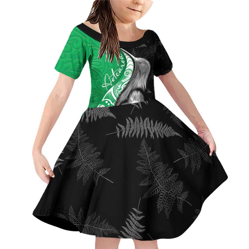 New Zealand Aotearoa Family Matching Off Shoulder Short Dress and Hawaiian Shirt Kiwi Fern Maori Pattern Green Version