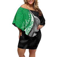 New Zealand Aotearoa Family Matching Off Shoulder Short Dress and Hawaiian Shirt Kiwi Fern Maori Pattern Green Version