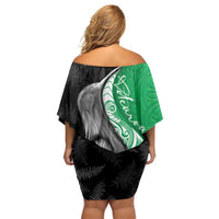 New Zealand Aotearoa Family Matching Off Shoulder Short Dress and Hawaiian Shirt Kiwi Fern Maori Pattern Green Version