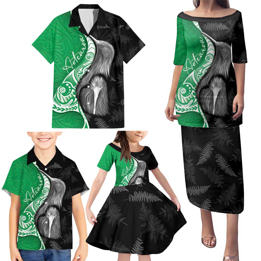 New Zealand Aotearoa Family Matching Puletasi and Hawaiian Shirt Kiwi Fern Maori Pattern Green Version