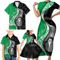 New Zealand Aotearoa Family Matching Short Sleeve Bodycon Dress and Hawaiian Shirt Kiwi Fern Maori Pattern Green Version