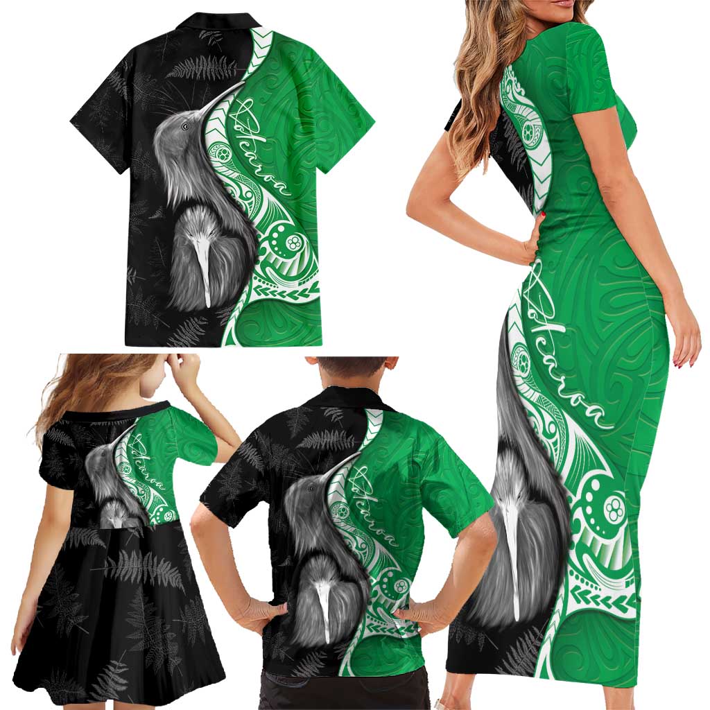 New Zealand Aotearoa Family Matching Short Sleeve Bodycon Dress and Hawaiian Shirt Kiwi Fern Maori Pattern Green Version