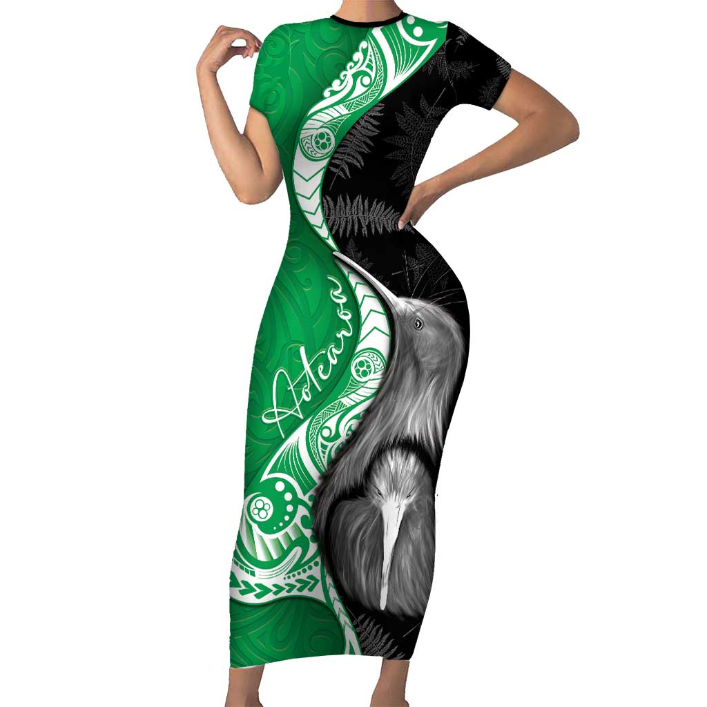 New Zealand Aotearoa Family Matching Short Sleeve Bodycon Dress and Hawaiian Shirt Kiwi Fern Maori Pattern Green Version