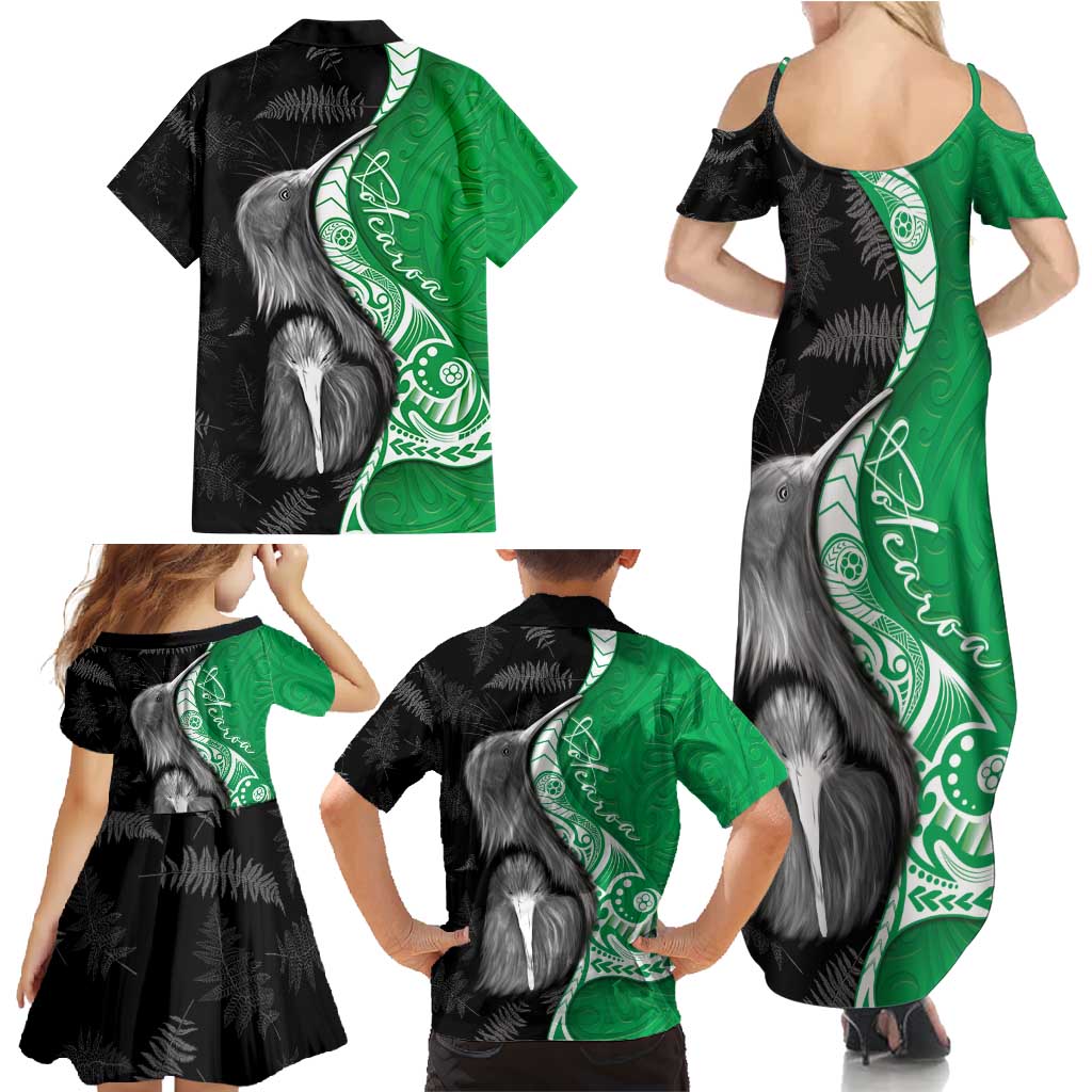 New Zealand Aotearoa Family Matching Summer Maxi Dress and Hawaiian Shirt Kiwi Fern Maori Pattern Green Version