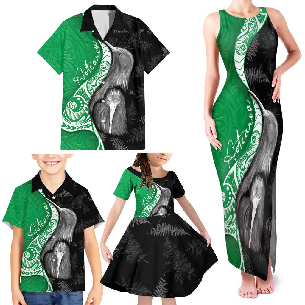 New Zealand Aotearoa Family Matching Tank Maxi Dress and Hawaiian Shirt Kiwi Fern Maori Pattern Green Version