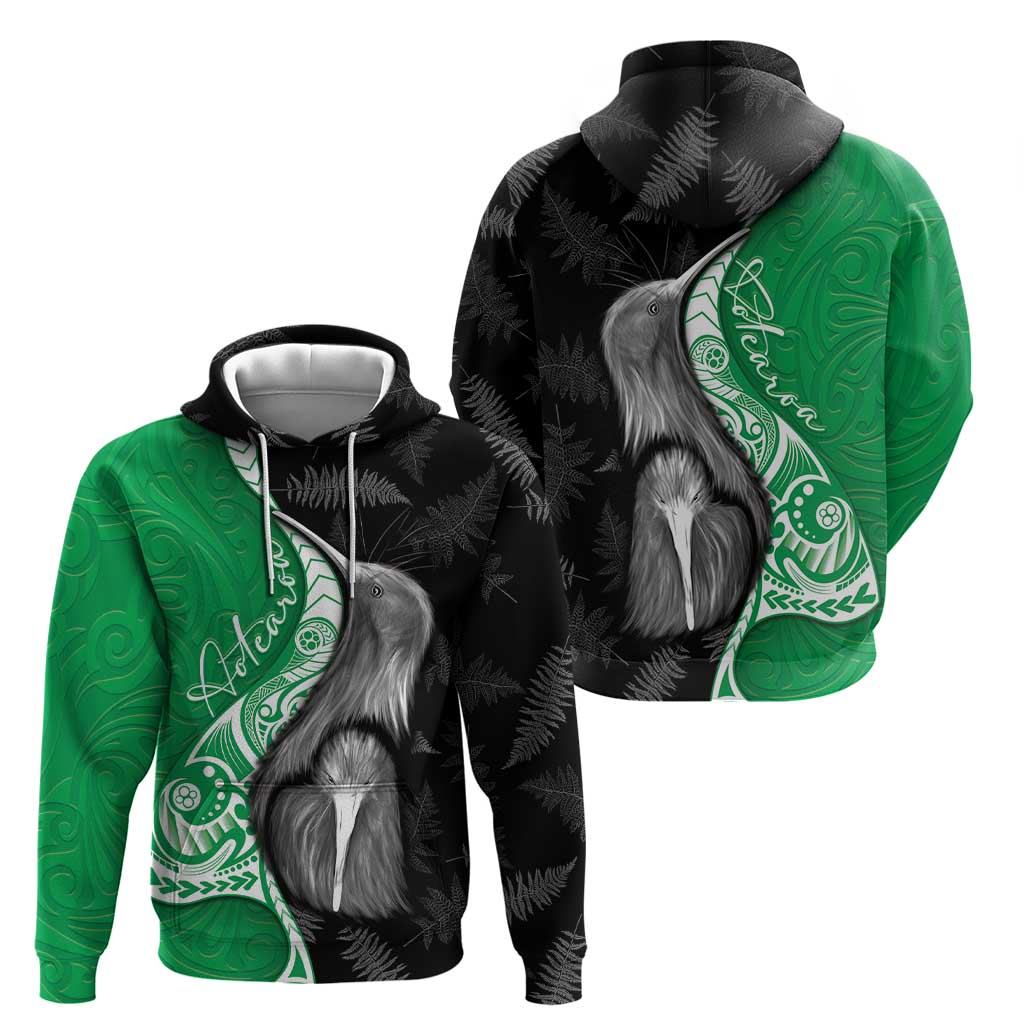 New Zealand Aotearoa Hoodie Kiwi Fern Maori Pattern Green Version