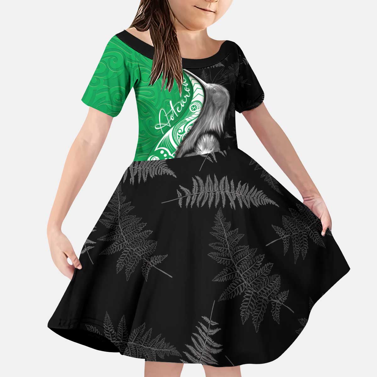 New Zealand Aotearoa Kid Short Sleeve Dress Kiwi Fern Maori Pattern Green Version