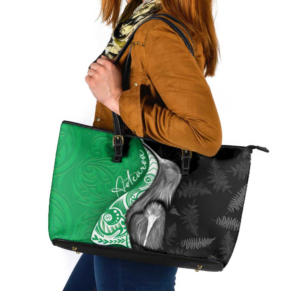 New Zealand Aotearoa Leather Tote Bag Kiwi Fern Maori Pattern Green Version