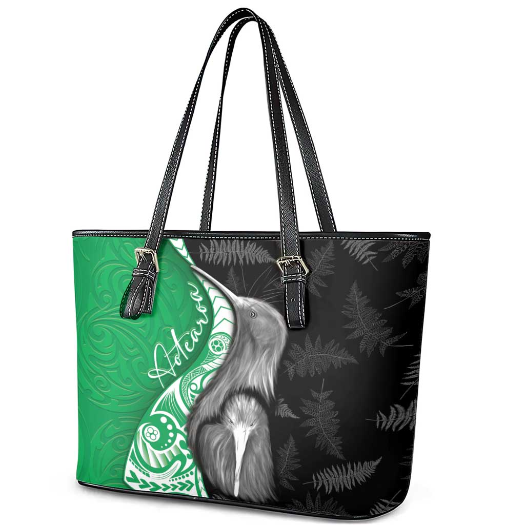 New Zealand Aotearoa Leather Tote Bag Kiwi Fern Maori Pattern Green Version