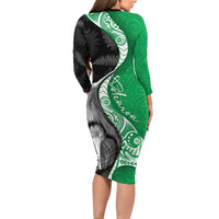 New Zealand Aotearoa Long Sleeve Bodycon Dress Kiwi Fern Maori Pattern Green Version