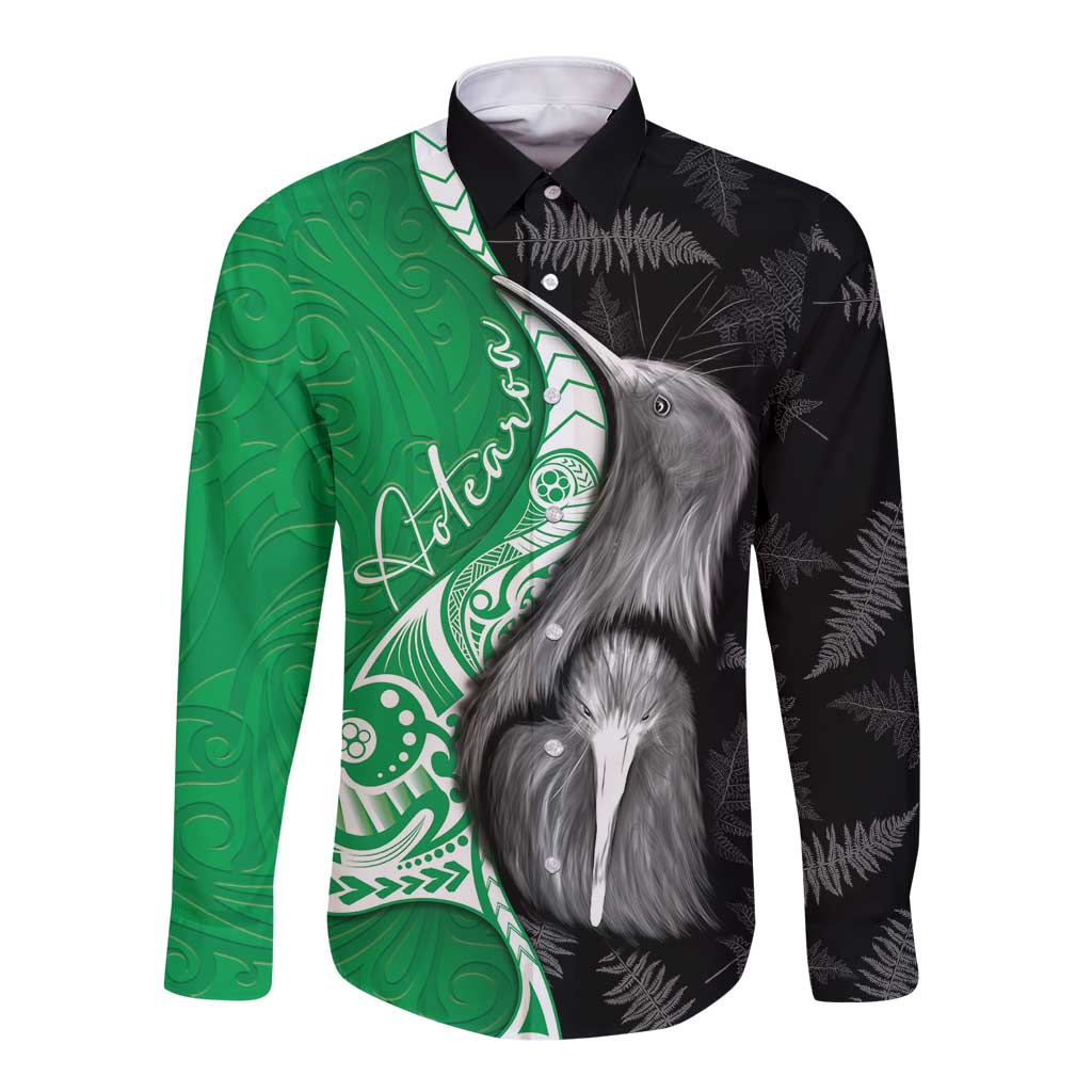 New Zealand Aotearoa Long Sleeve Button Shirt Kiwi Fern Maori Pattern Green Version