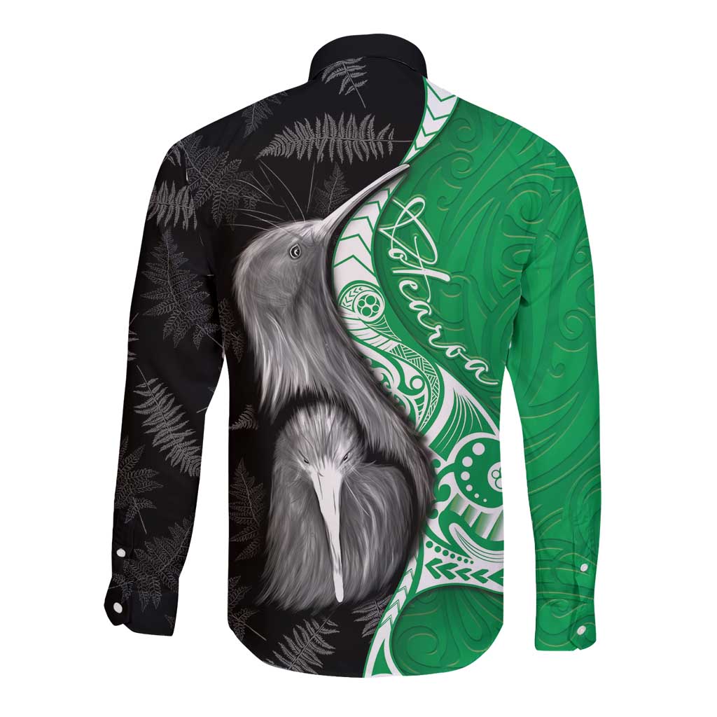 New Zealand Aotearoa Long Sleeve Button Shirt Kiwi Fern Maori Pattern Green Version