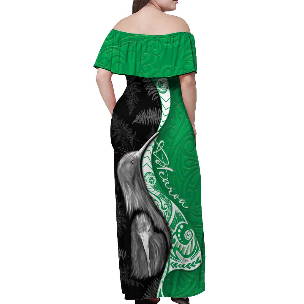 New Zealand Aotearoa Off Shoulder Maxi Dress Kiwi Fern Maori Pattern Green Version