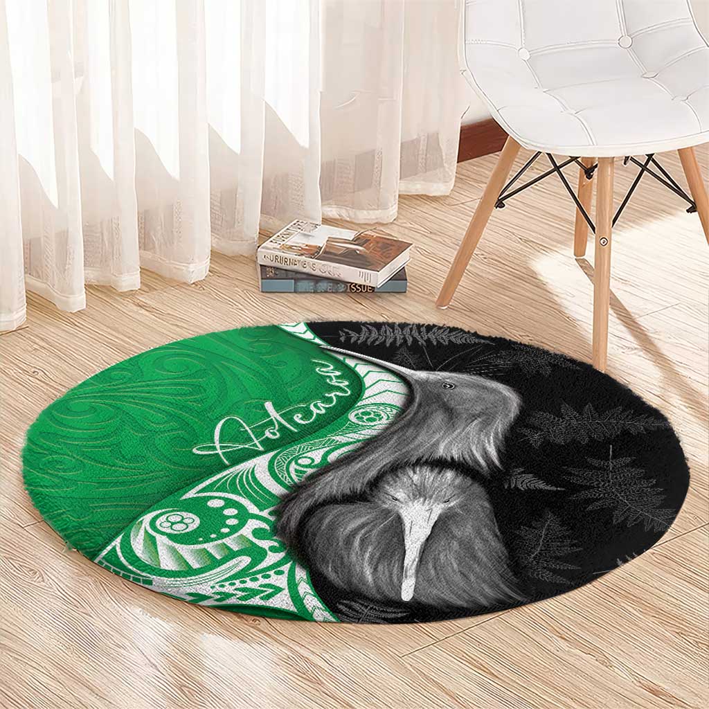 New Zealand Aotearoa Round Carpet Kiwi Fern Maori Pattern Green Version