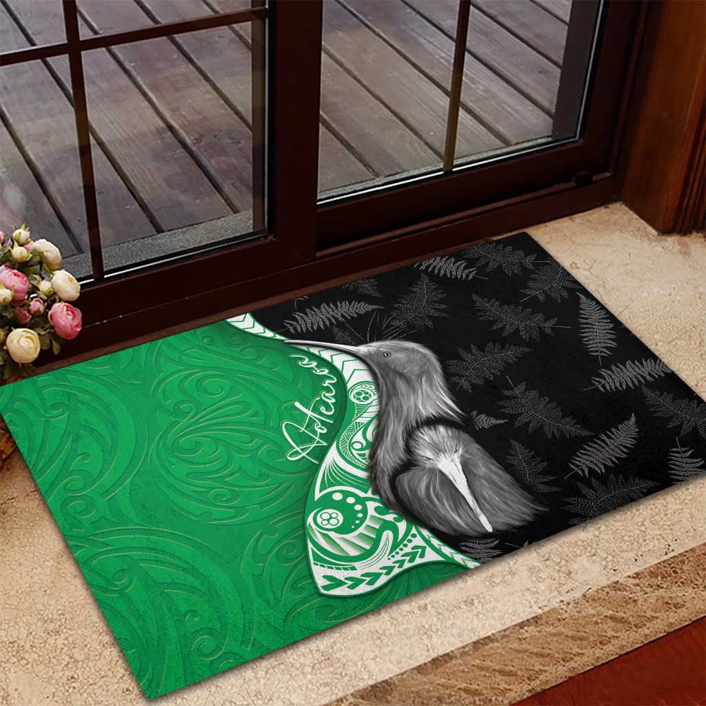 New Zealand Aotearoa Rubber Doormat Kiwi Fern Maori Pattern Green Version