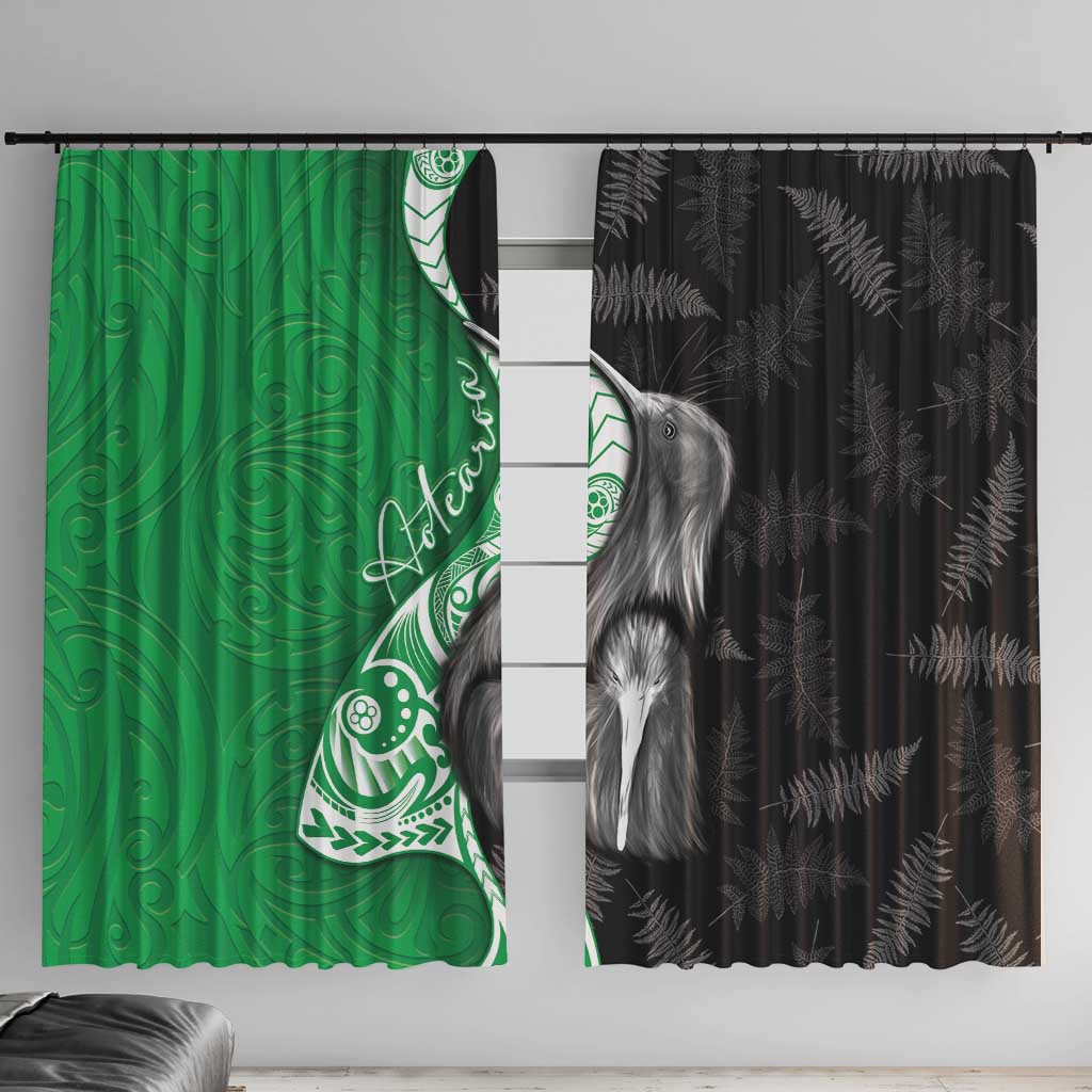 New Zealand Aotearoa Window Curtain Kiwi Fern Maori Pattern Green Version